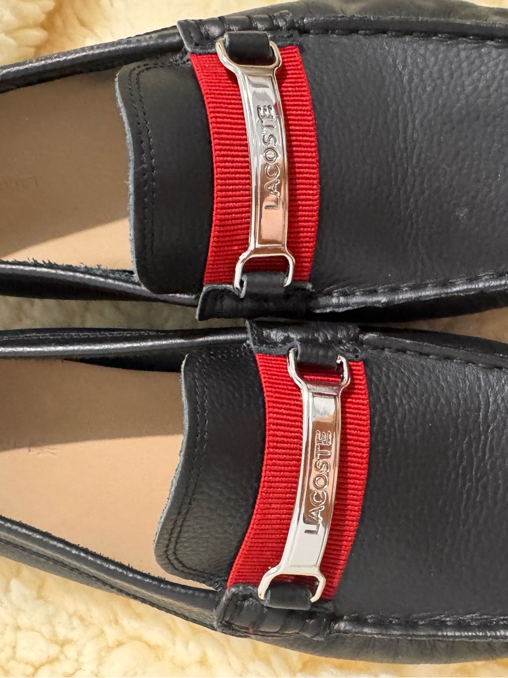 Lacoste Black Leather Slip-On Loafers with Red Webbing and Silver Hardware
